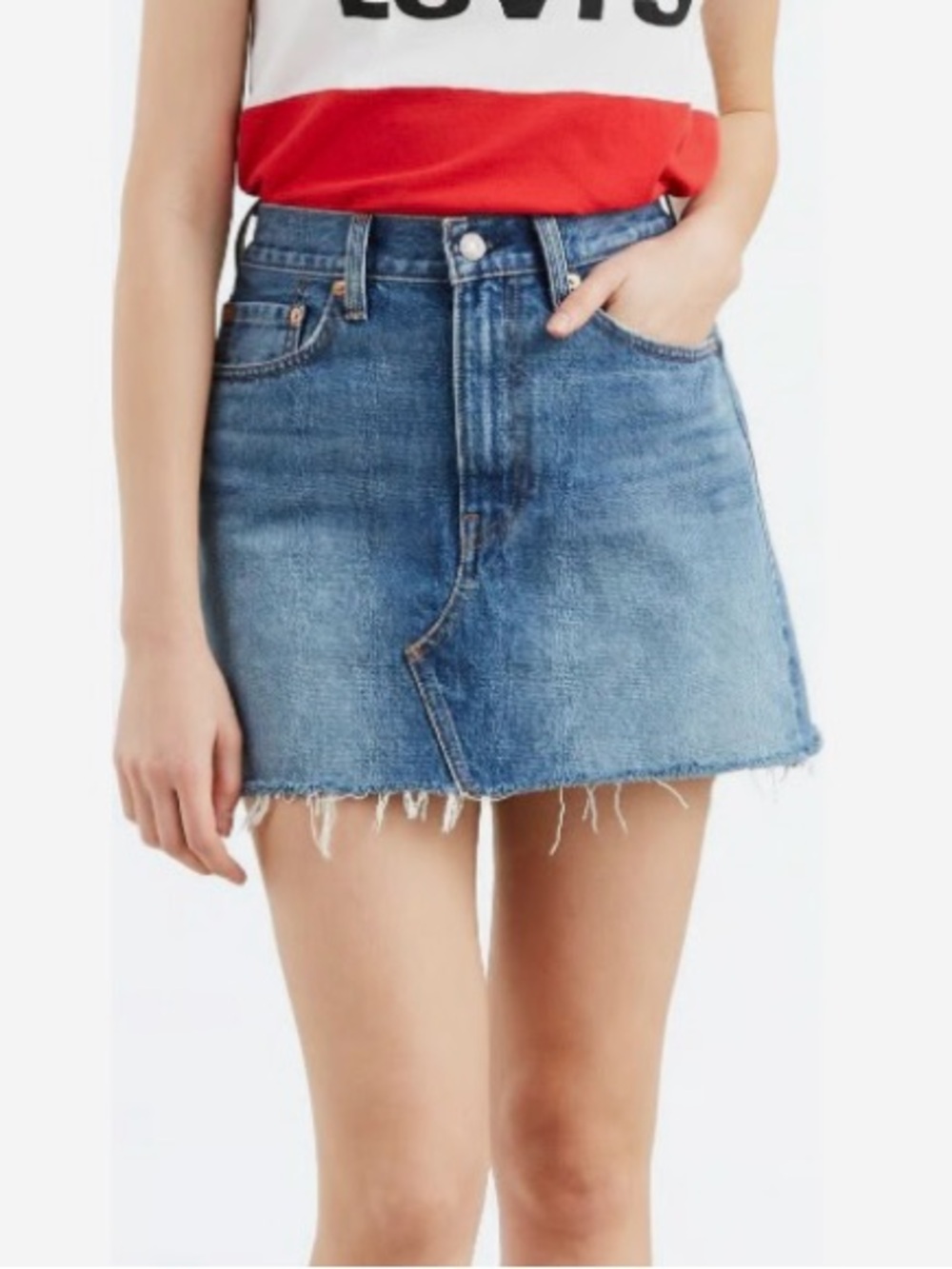 NWOT Levi’s Denim Jean Deconstructed Mini Skirt Raw Hem Button Fly Big E Size 27